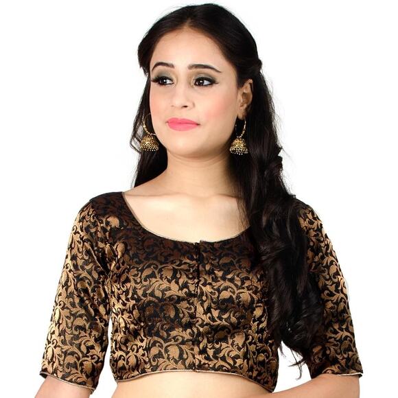 Chandrakala Black and Gold Brocade Half Sleeve Saree Blouse Top Medium - Picture 1 of 12